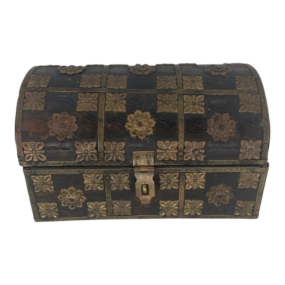 Vintage Wooden Jewelry Box Chest Brass Floral Overlay Trinket Box Hinged Lid